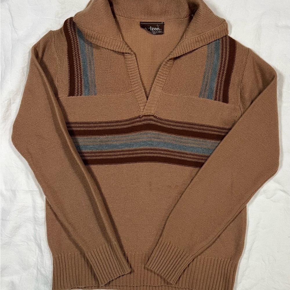 Vintage Horizon Striped Shawl Collar Sweater Size Large Tan Brown Blue